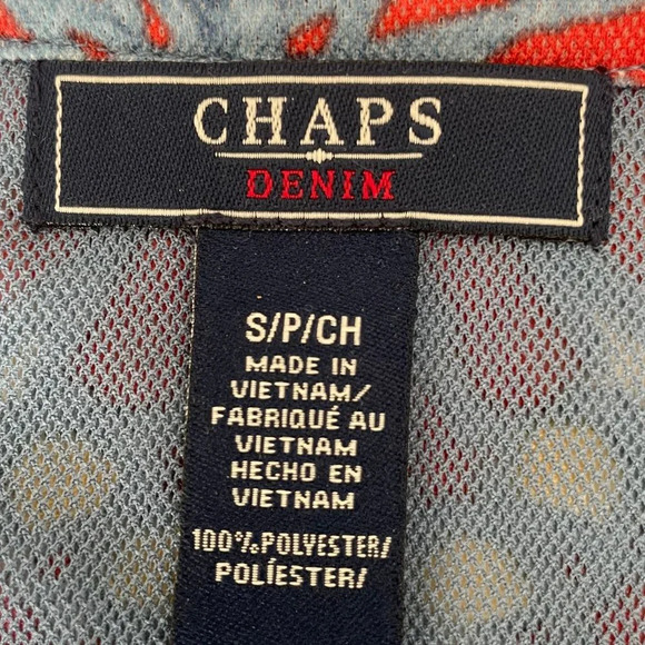 Chaps Denim Sleeveless V Neck w Frills Lined Print Top Blue Red Gold Sz S - Picture 8 of 9